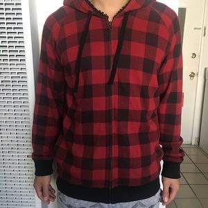 FOREVER 21 Men’s Zip-Front Red Black Plaid Hoodie